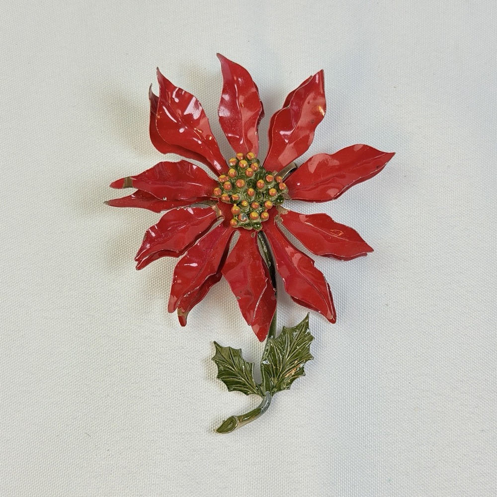 Large Red Vintage Enameled Metal Poinsettia Flower Christmas Holiday Brooch Pin